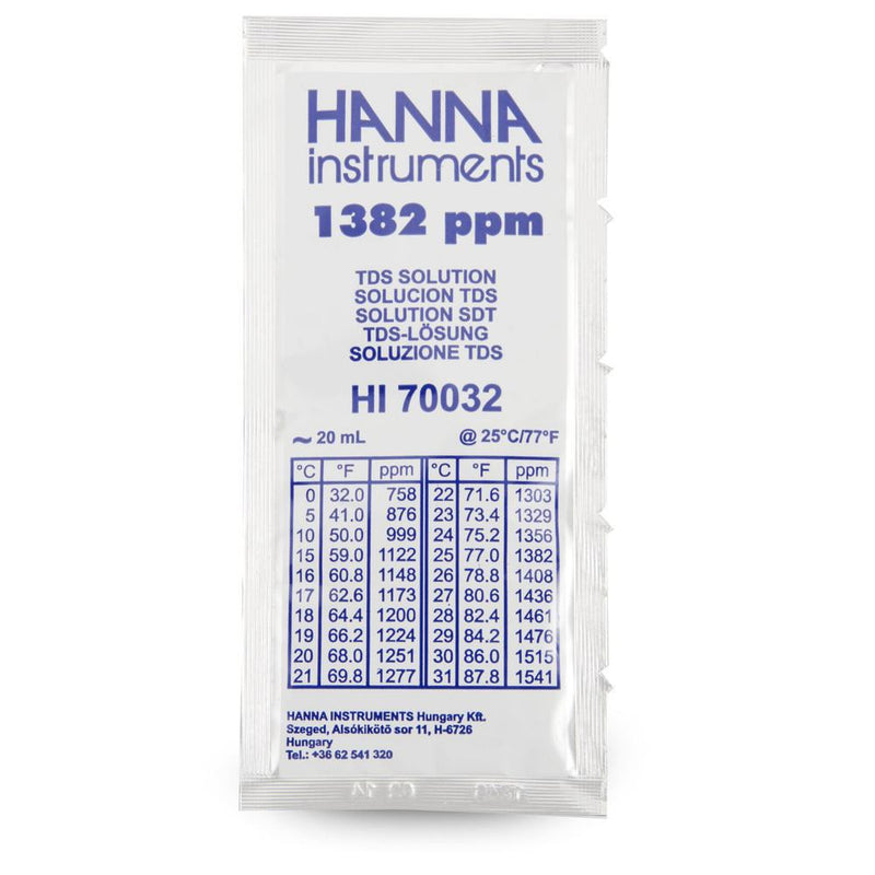 HI 70032C  1382 mg/L (ppm) TDS Solution with Certificate. (25) 20 mL Sachets - Acorn Scientific