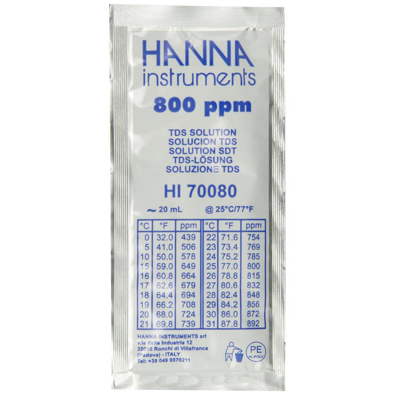 HI 70080C  800 mg/L (ppm) TDS Solution with Certificate. (25) 20 mL Sachets - Acorn Scientific