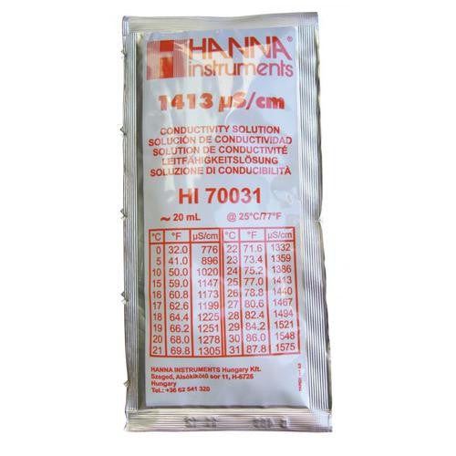 HI 70031C  1413 µS/cm EC Solution with Certificate. (25) 20 mL Sachets - Acorn Scientific